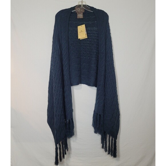 NEW Patricia Nash Oversized Fringe Scarf Blue Cable Knit Shawl 26x88 Chunky Wrap - Picture 1 of 7
